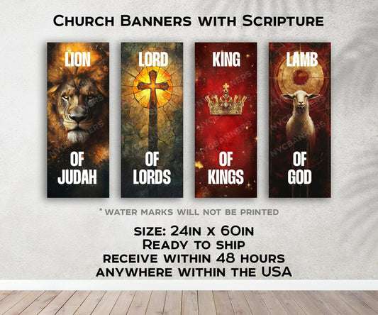 Church Banners with Scripture - Lion of Judah, Lamb of God, Lord of Lords, King of Kings - 24x60 Vinyl Banner Sanctuary Decor