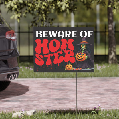 Beware of Momster Yard Sign - Halloween Outdoor Decoration with Spooky Witch