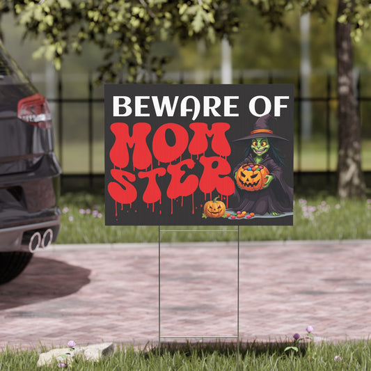 Beware of Momster Yard Sign - Halloween Outdoor Decoration with Spooky Witch