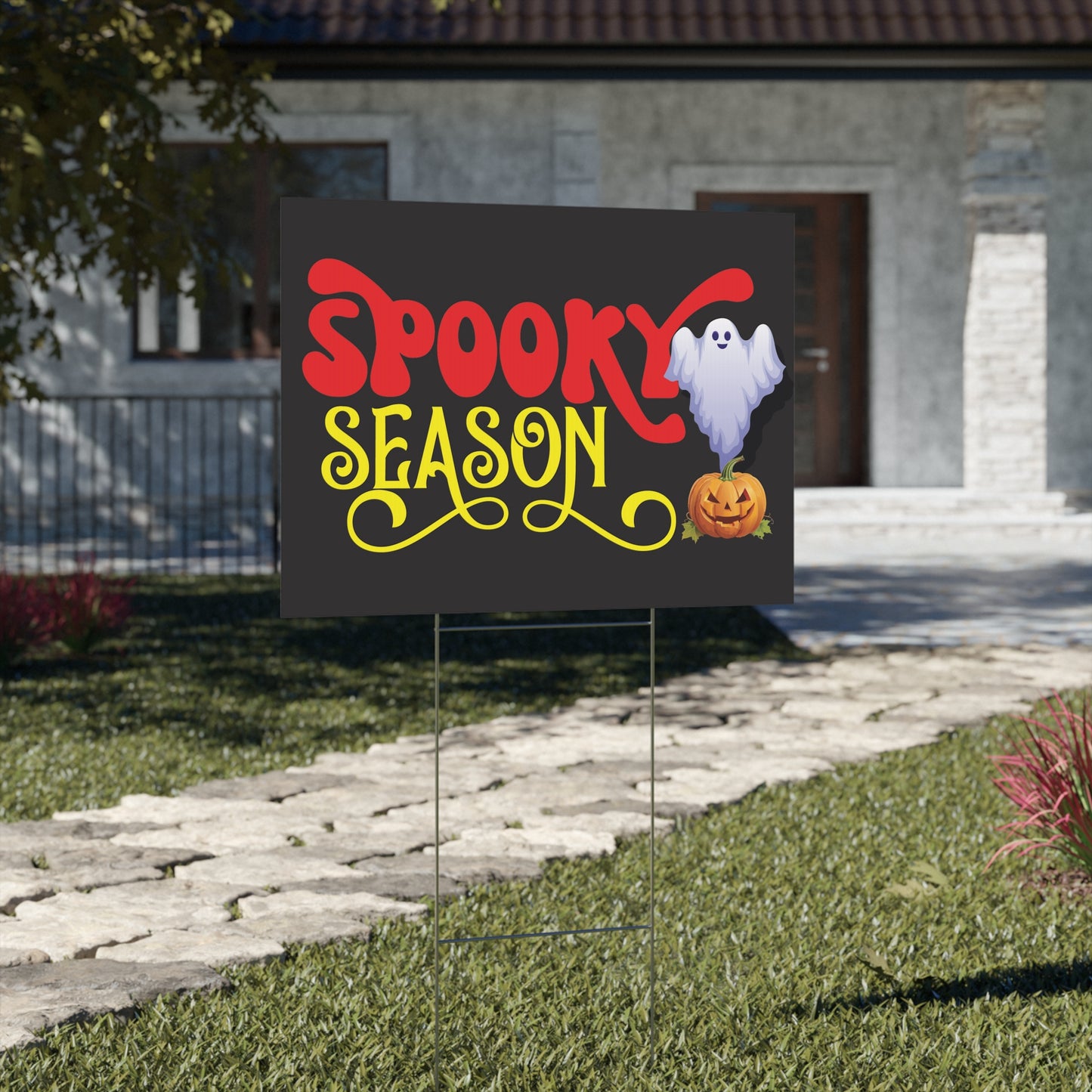 Spooky Season Yard Sign - Ghost and Pumpkin Halloween Outdoor Decoration