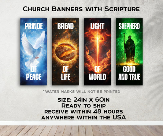 Christ Our Guide Church Banner Set - Prince of Peace, Bread of Life, Light of World, Good Shepherd - 24x60" Religious Decor - Ready to Ship